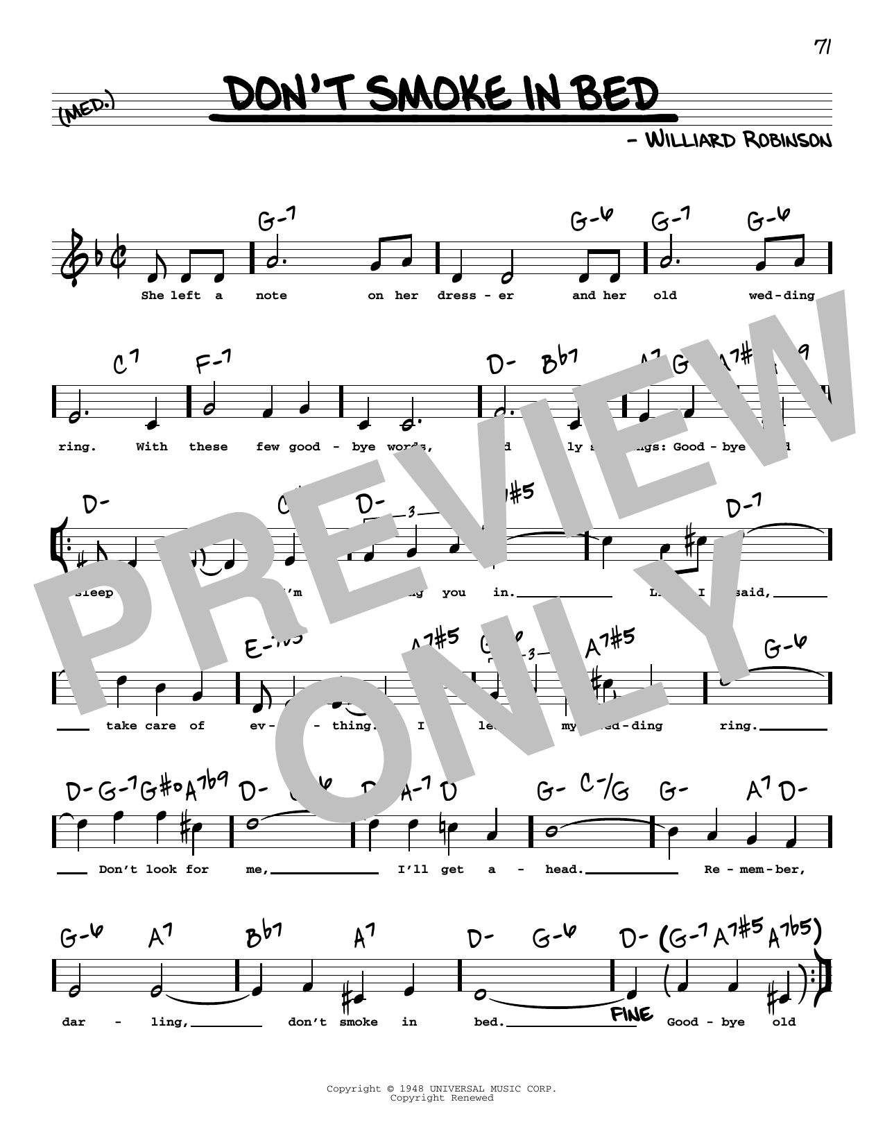 Williard Robinson Don't Smoke In Bed (High Voice) Sheet Music Notes & Chords for Real Book – Melody, Lyrics & Chords - Download or Print PDF