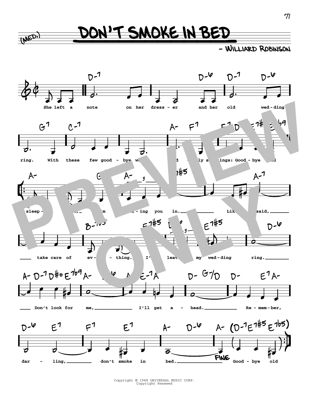 Williard Robinson Don't Smoke In Bed (Low Voice) Sheet Music Notes & Chords for Real Book – Melody, Lyrics & Chords - Download or Print PDF
