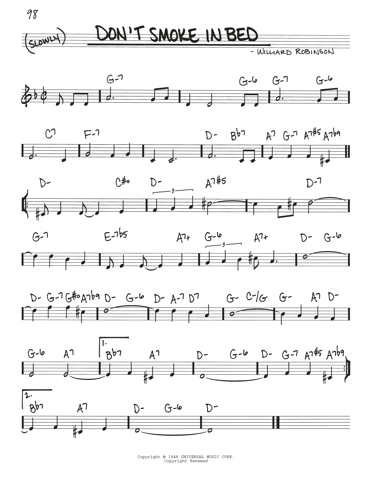 Williard Robinson Don't Smoke In Bed Sheet Music Notes & Chords for Real Book – Melody & Chords - Download or Print PDF