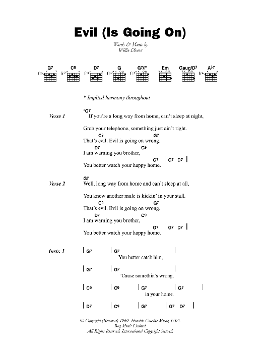 Willie Dixon Evil (Is Going On) Sheet Music Notes & Chords for Lyrics & Chords - Download or Print PDF