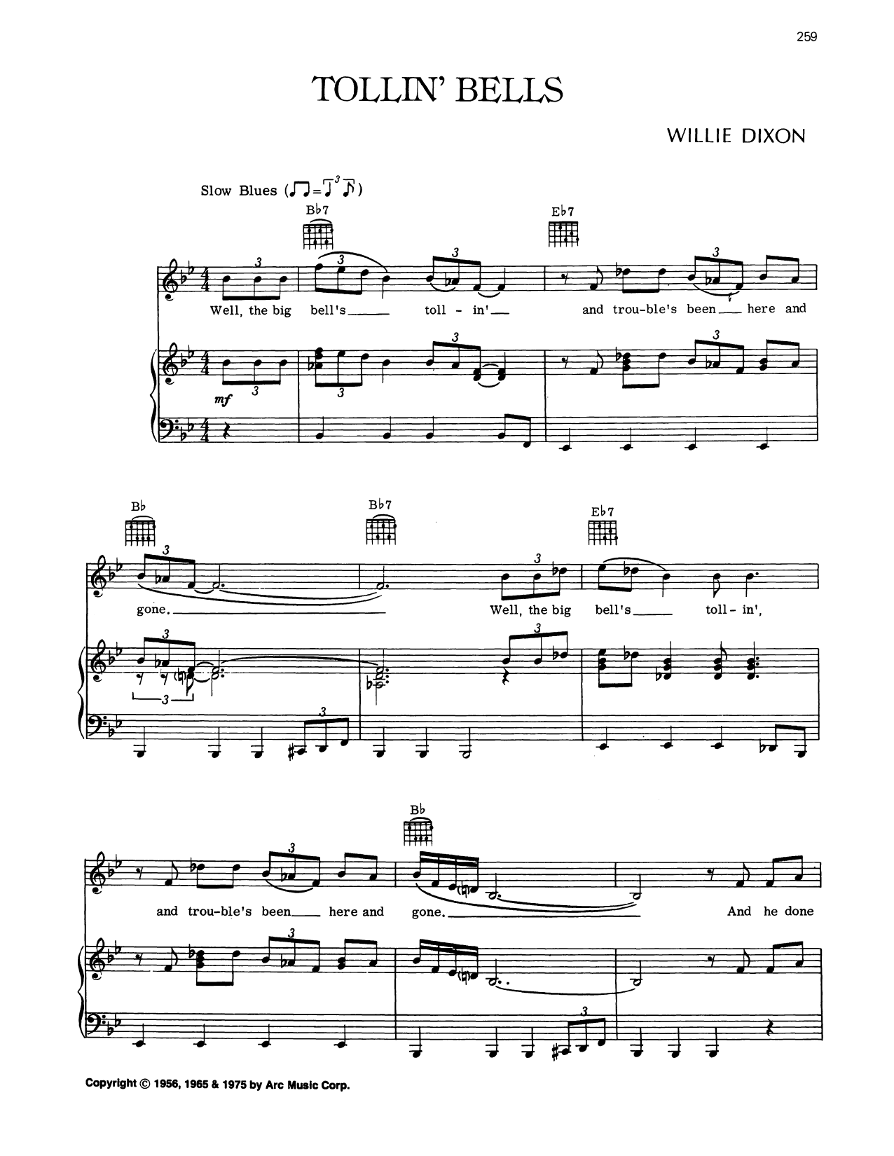 Willie Dixon Tollin' Bells Sheet Music Notes & Chords for Piano, Vocal & Guitar Chords (Right-Hand Melody) - Download or Print PDF