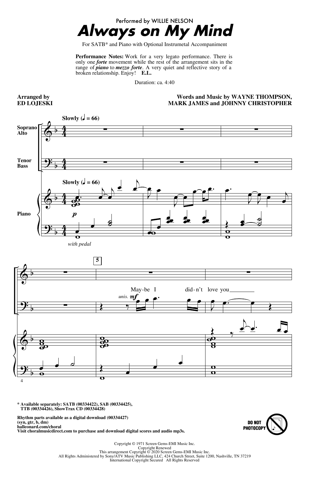 Willie Nelson Always On My Mind (arr. Ed Lojeski) Sheet Music Notes & Chords for TTBB Choir - Download or Print PDF