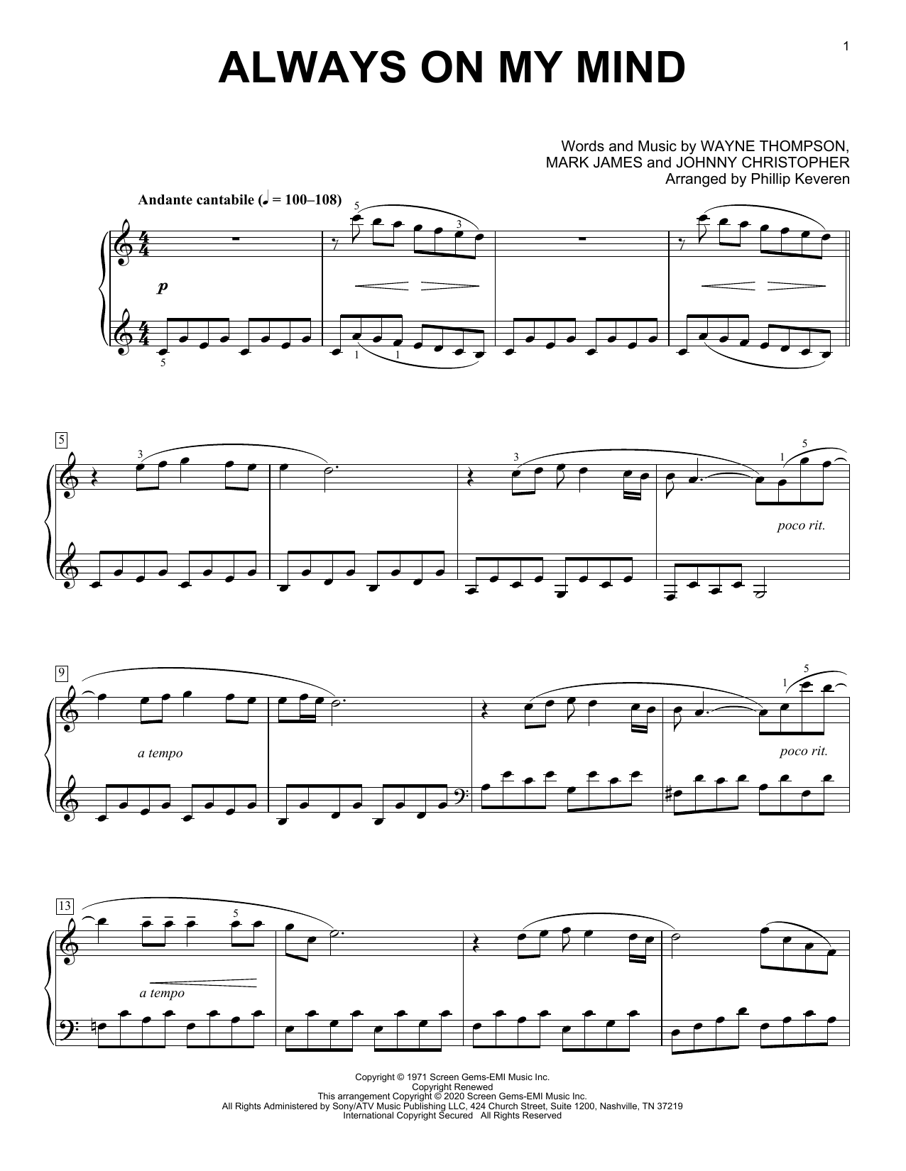 Willie Nelson Always On My Mind [Classical version] (arr. Phillip Keveren) Sheet Music Notes & Chords for Piano Solo - Download or Print PDF