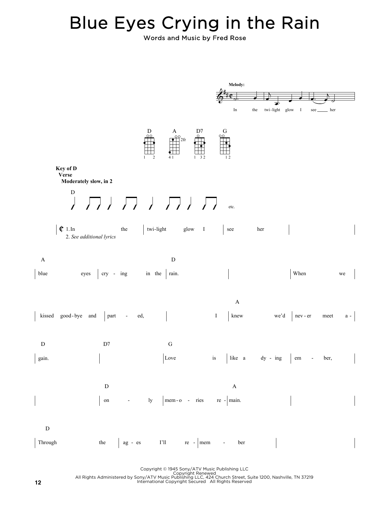 Willie Nelson Blue Eyes Crying In The Rain (arr. Fred Sokolow) Sheet Music Notes & Chords for Mandolin - Download or Print PDF