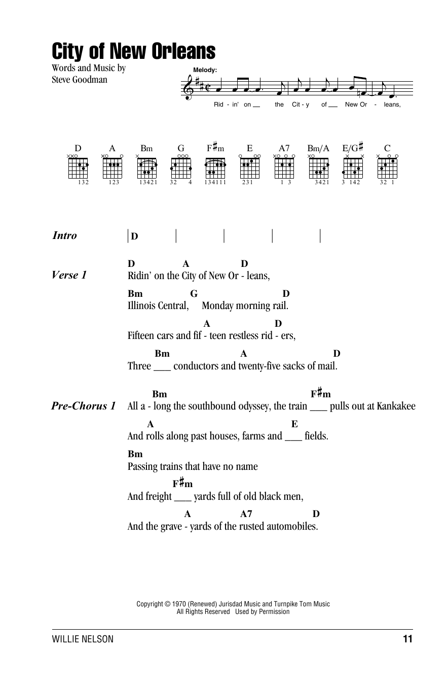 Willie Nelson City Of New Orleans Sheet Music Notes & Chords for Lyrics & Chords - Download or Print PDF