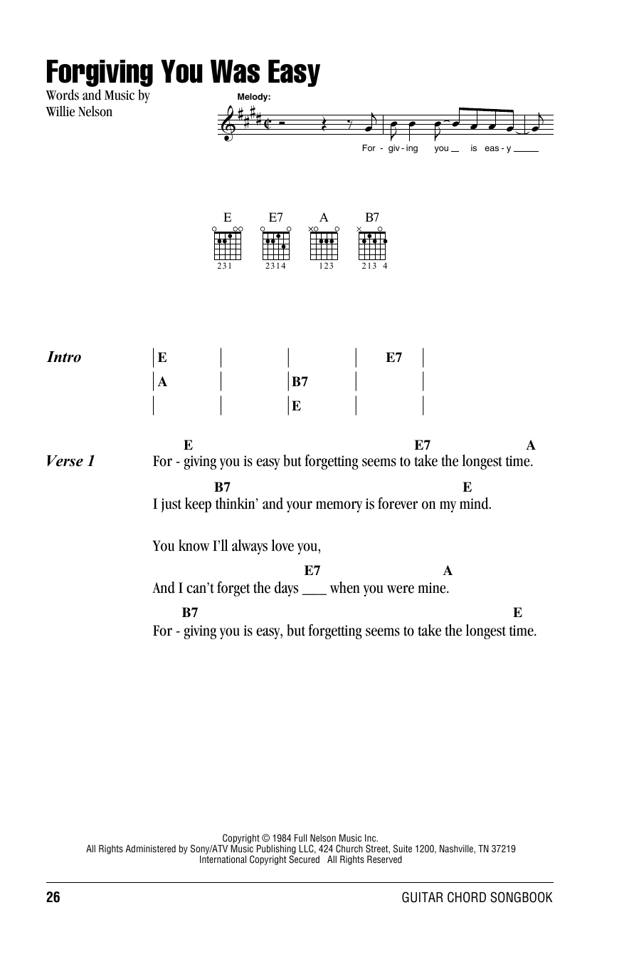 Willie Nelson Forgiving You Was Easy Sheet Music Notes & Chords for Lyrics & Chords - Download or Print PDF