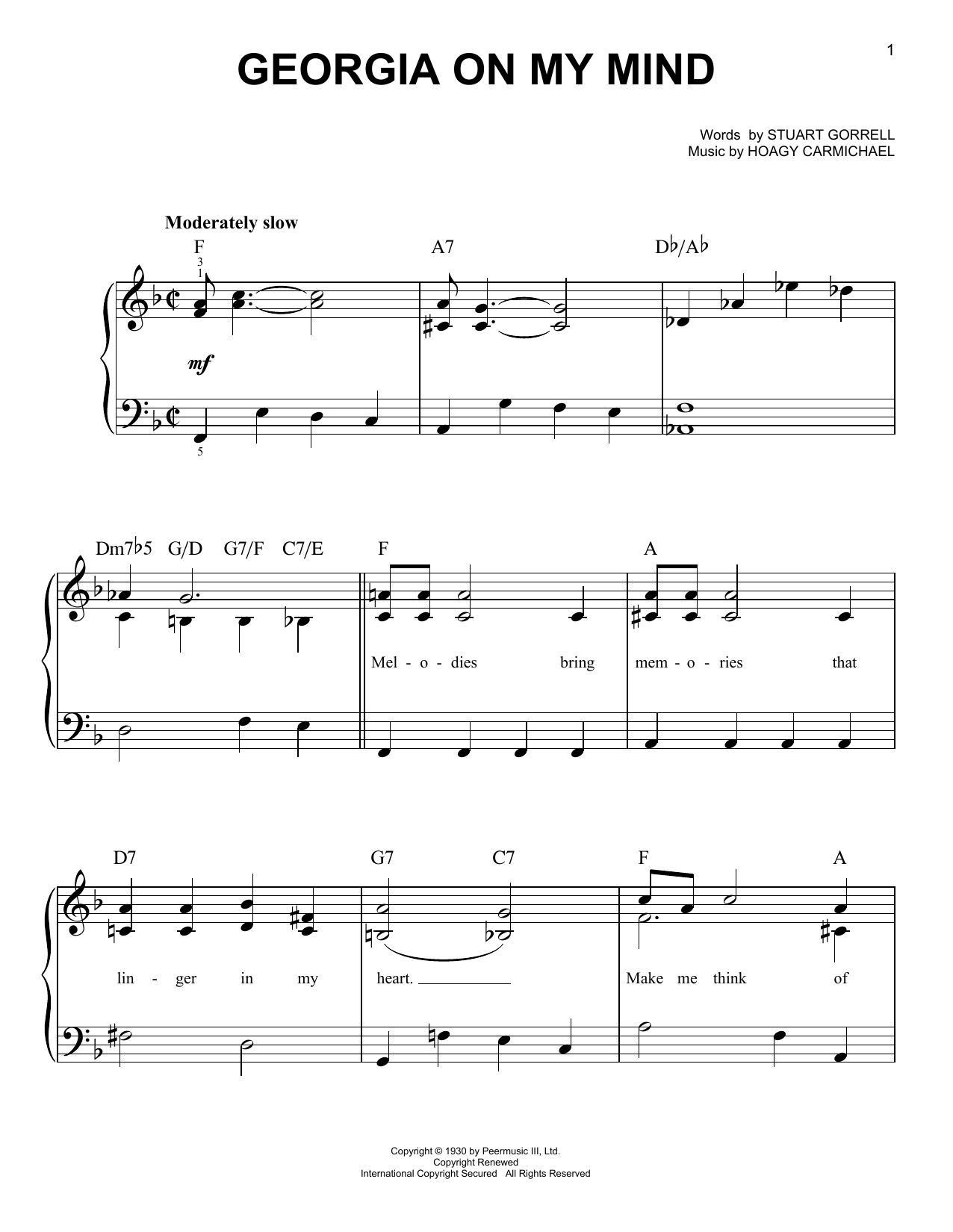 Willie Nelson Georgia On My Mind Sheet Music Notes & Chords for Easy Piano - Download or Print PDF