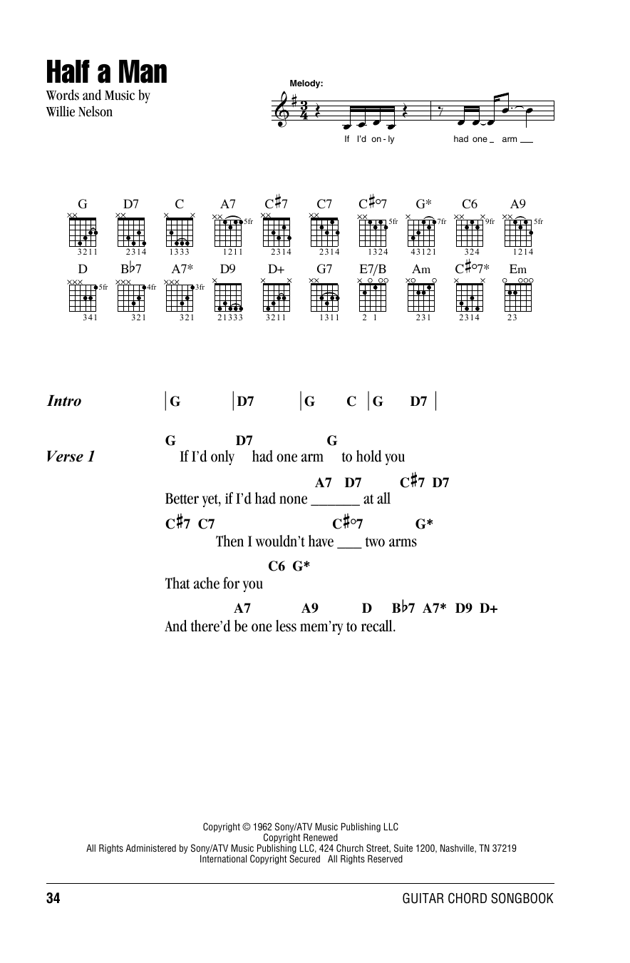 Willie Nelson Half A Man Sheet Music Notes & Chords for Lyrics & Chords - Download or Print PDF