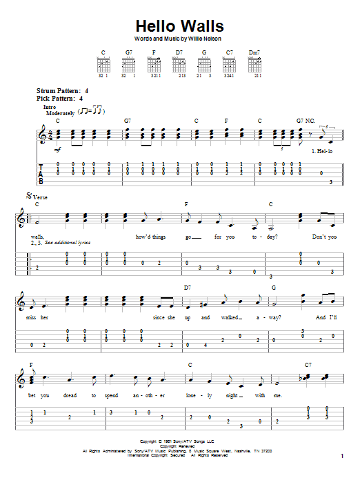 Willie Nelson Hello Walls Sheet Music Notes & Chords for Easy Guitar Tab - Download or Print PDF