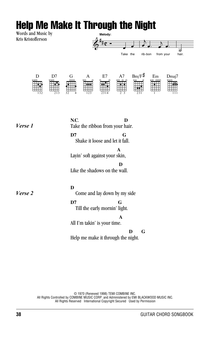 Willie Nelson Help Me Make It Through The Night Sheet Music Notes & Chords for Lyrics & Chords - Download or Print PDF