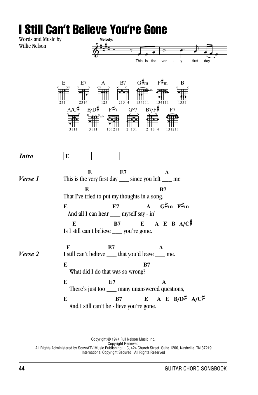 Willie Nelson I Still Can't Believe You're Gone Sheet Music Notes & Chords for Lyrics & Chords - Download or Print PDF