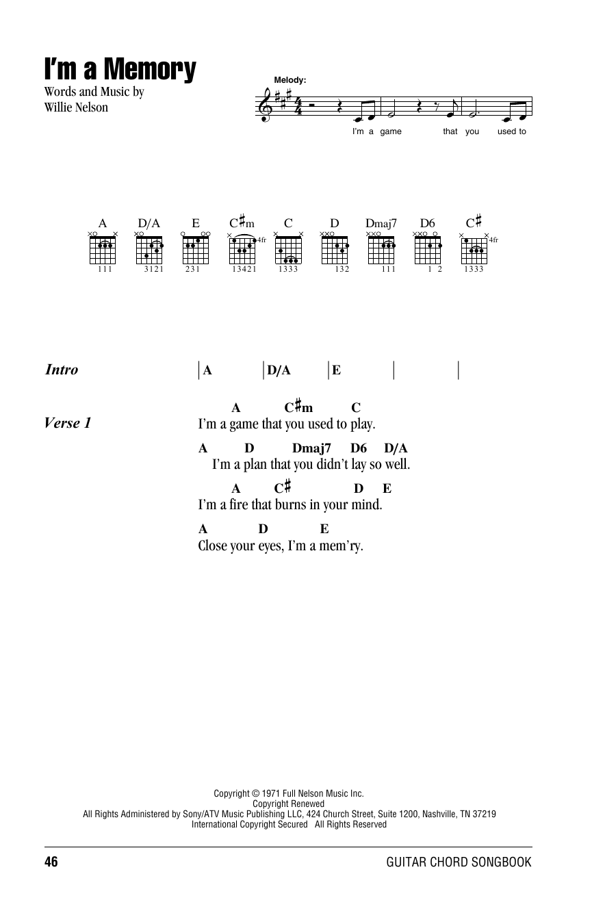 Willie Nelson I'm A Memory Sheet Music Notes & Chords for Lyrics & Chords - Download or Print PDF