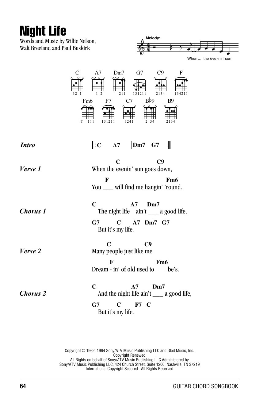 Willie Nelson Night Life Sheet Music Notes & Chords for Lyrics & Chords - Download or Print PDF