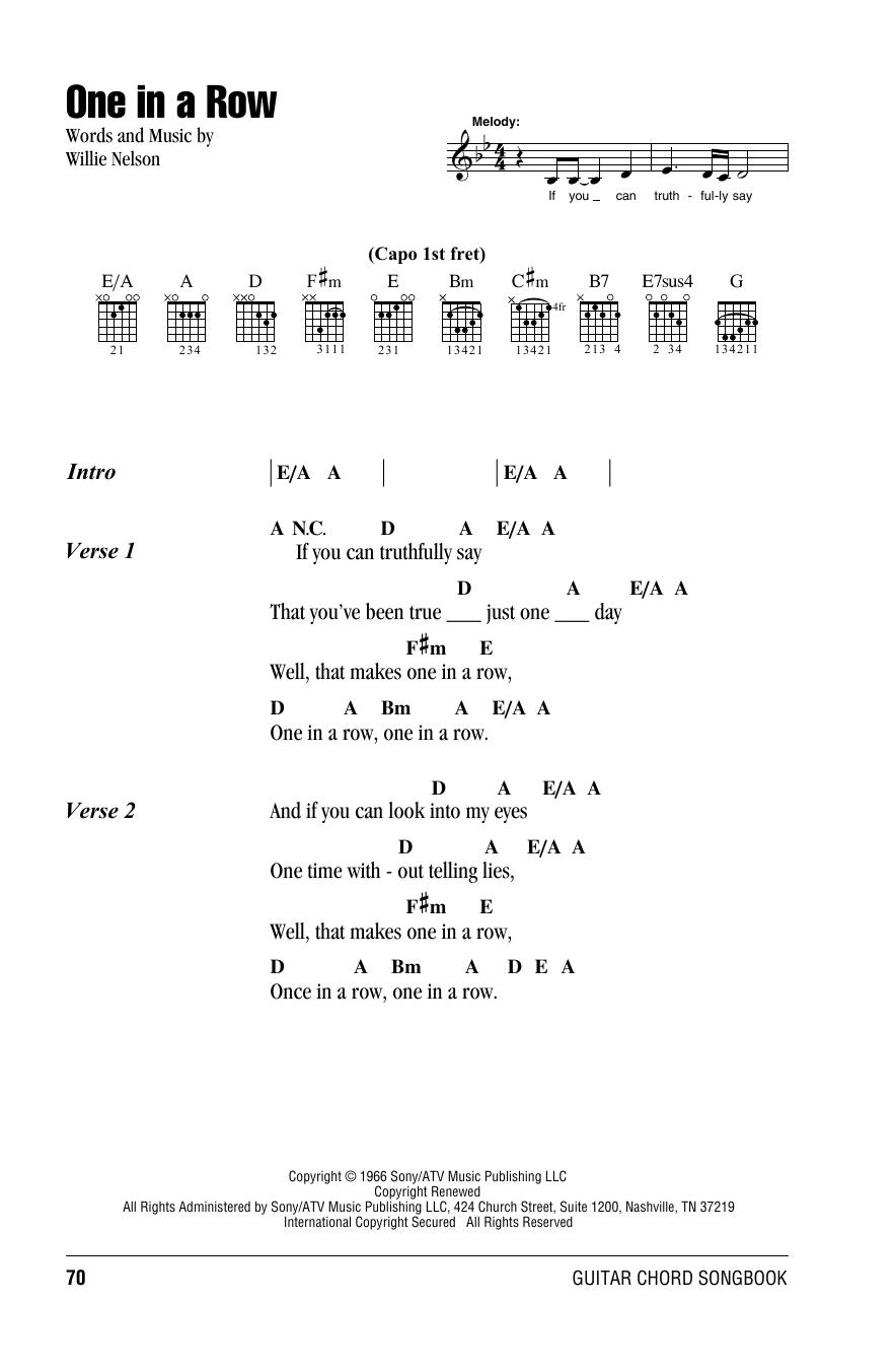Willie Nelson One In A Row Sheet Music Notes & Chords for Lyrics & Chords - Download or Print PDF