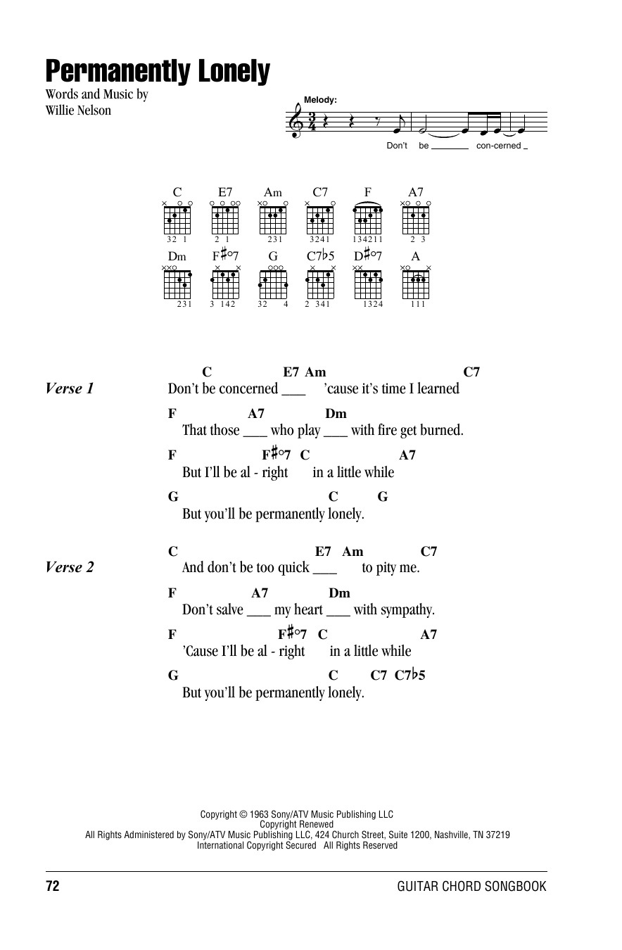 Willie Nelson Permanently Lonely Sheet Music Notes & Chords for Lyrics & Chords - Download or Print PDF