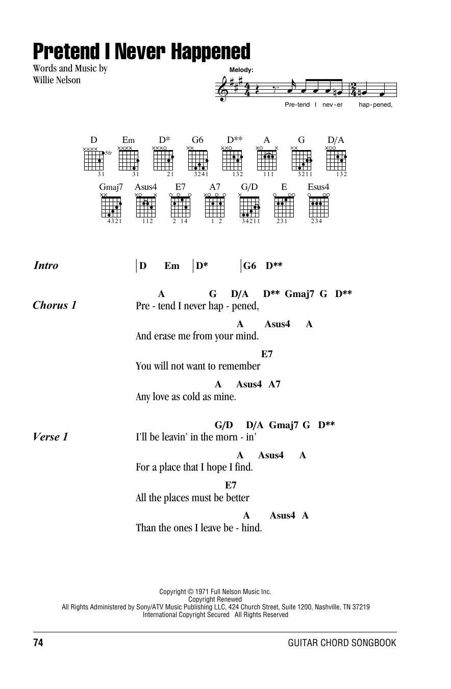 Willie Nelson Pretend I Never Happened Sheet Music Notes & Chords for Lyrics & Chords - Download or Print PDF