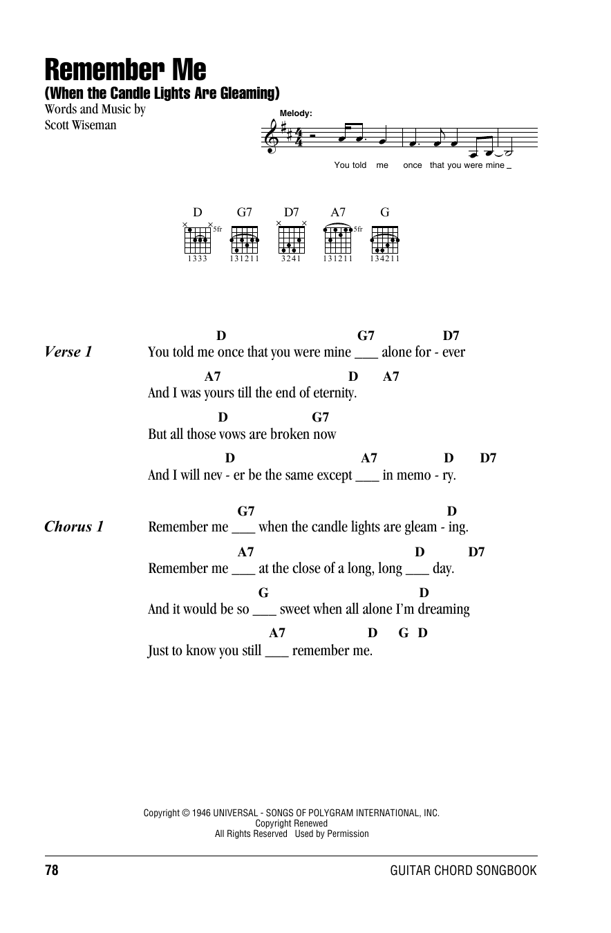 Willie Nelson Remember Me (When The Candle Lights Are Gleaming) Sheet Music Notes & Chords for Lyrics & Chords - Download or Print PDF