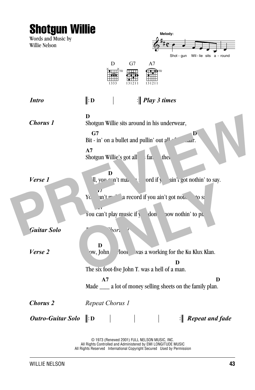 Willie Nelson Shotgun Willie Sheet Music Notes & Chords for Lyrics & Chords - Download or Print PDF