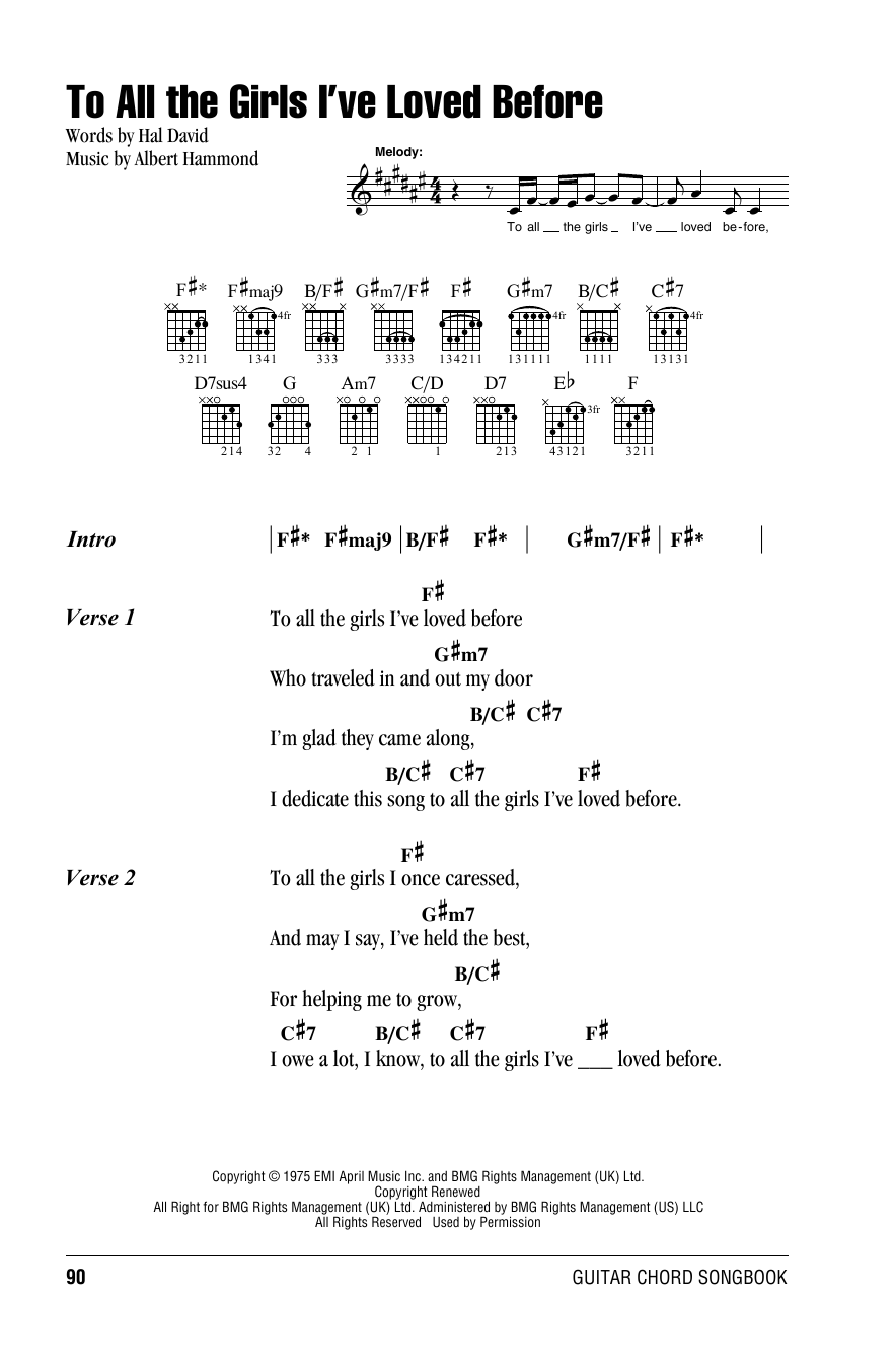 Willie Nelson To All The Girls I've Loved Before Sheet Music Notes & Chords for Lyrics & Chords - Download or Print PDF