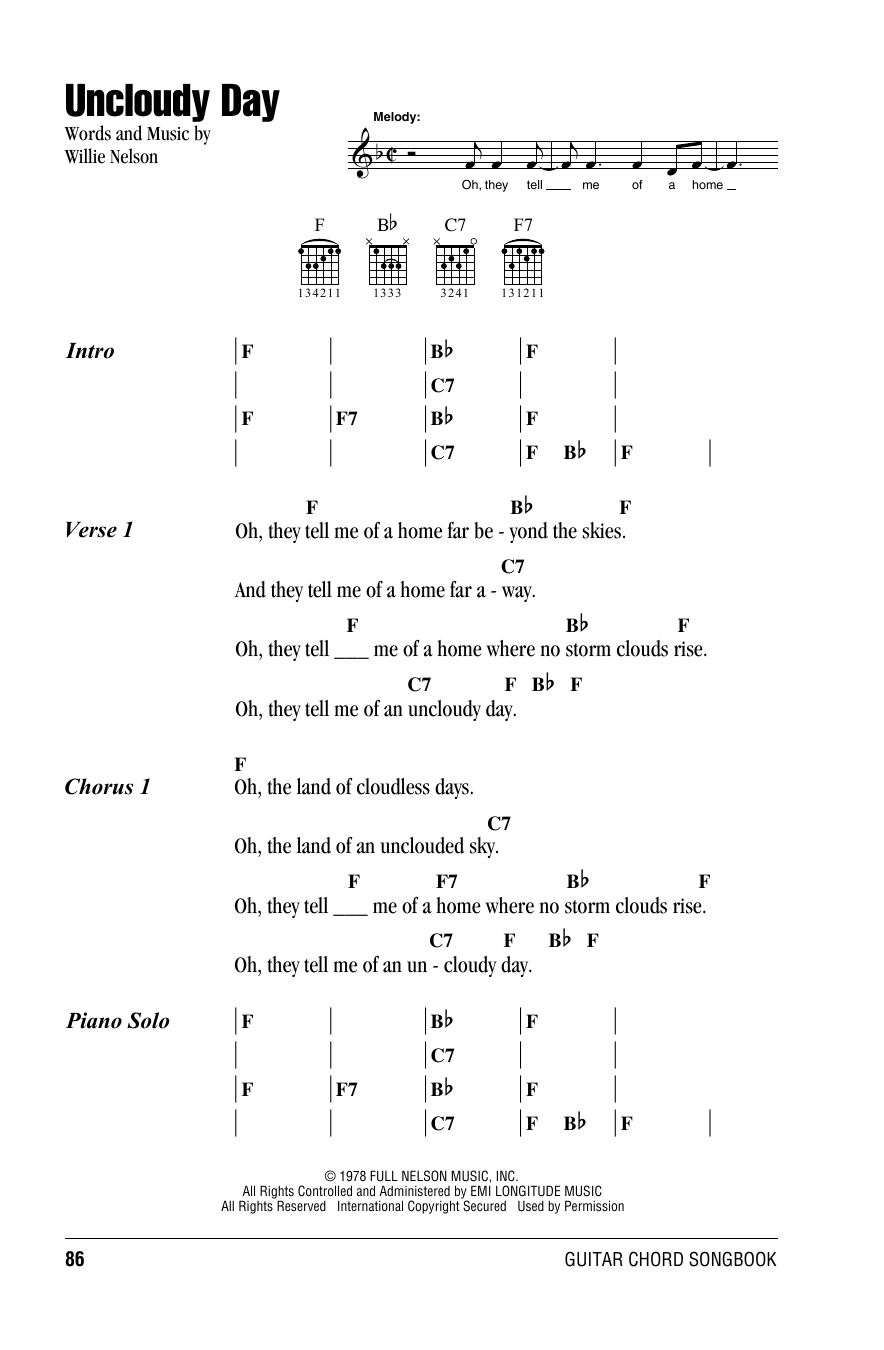 Willie Nelson Uncloudy Day Sheet Music Notes & Chords for Lyrics & Chords - Download or Print PDF