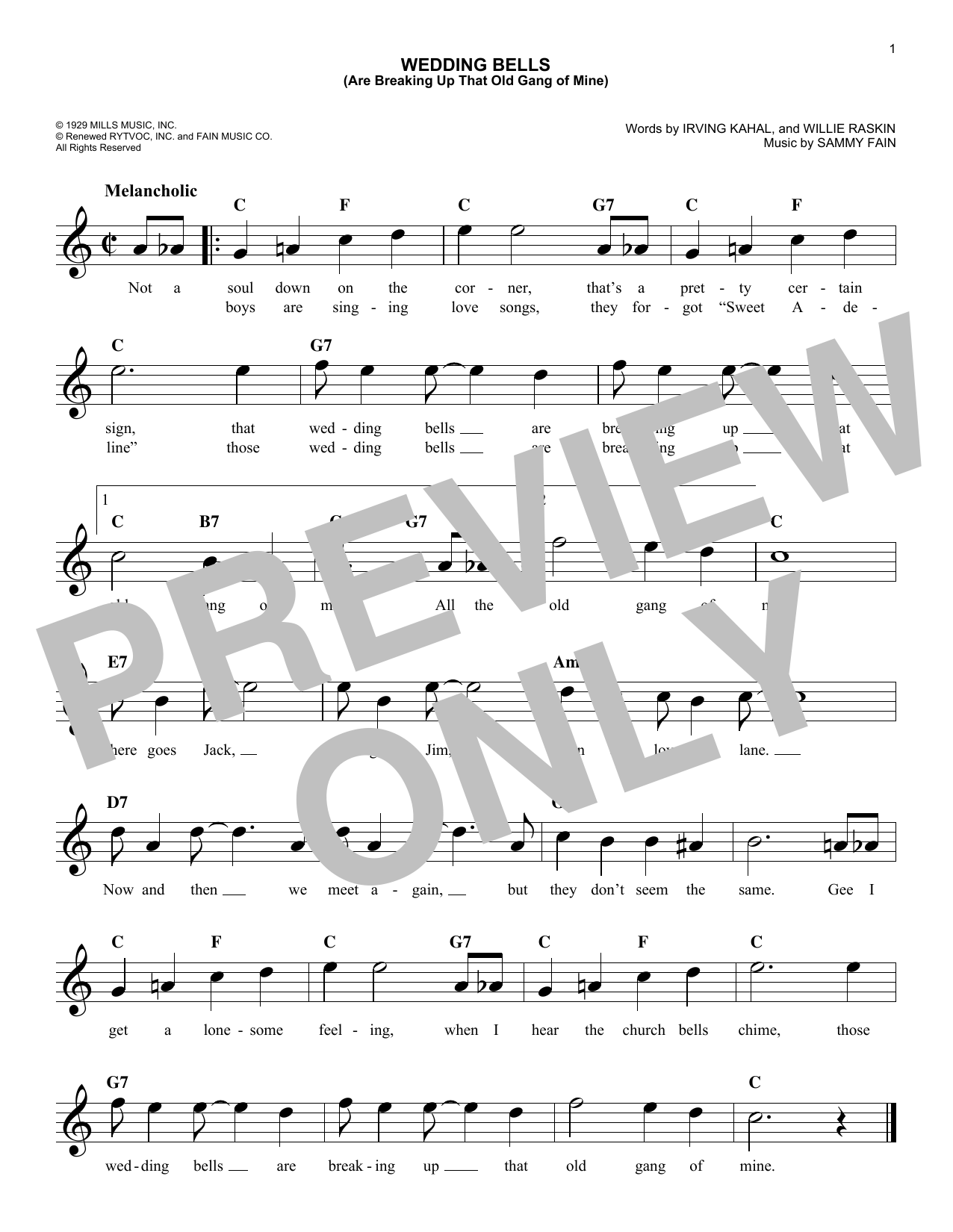 Willie Raskin Wedding Bells (Are Breaking Up That Old Gang Of Mine) Sheet Music Notes & Chords for Melody Line, Lyrics & Chords - Download or Print PDF