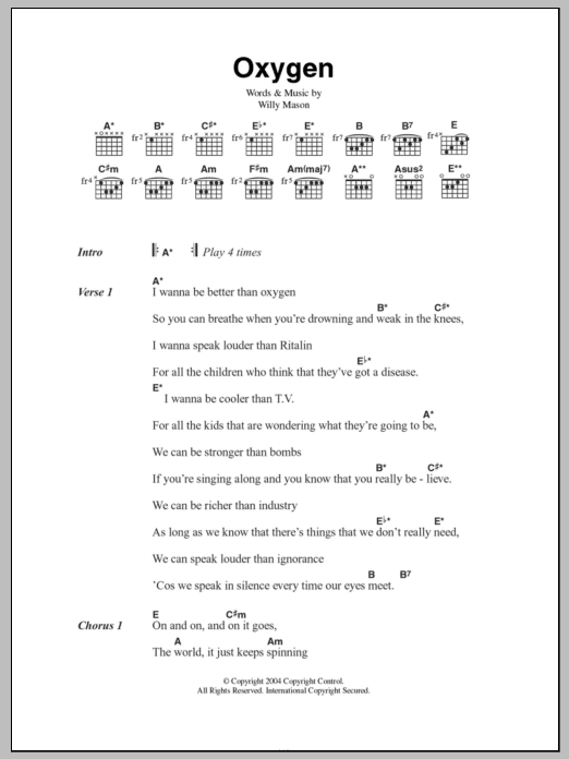 Willy Mason Oxygen Sheet Music Notes & Chords for Lyrics & Chords - Download or Print PDF