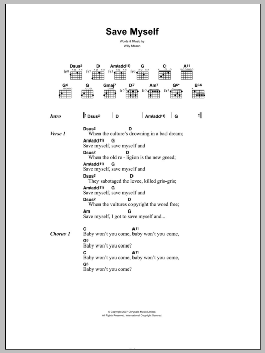 Willy Mason Save Myself Sheet Music Notes & Chords for Lyrics & Chords - Download or Print PDF