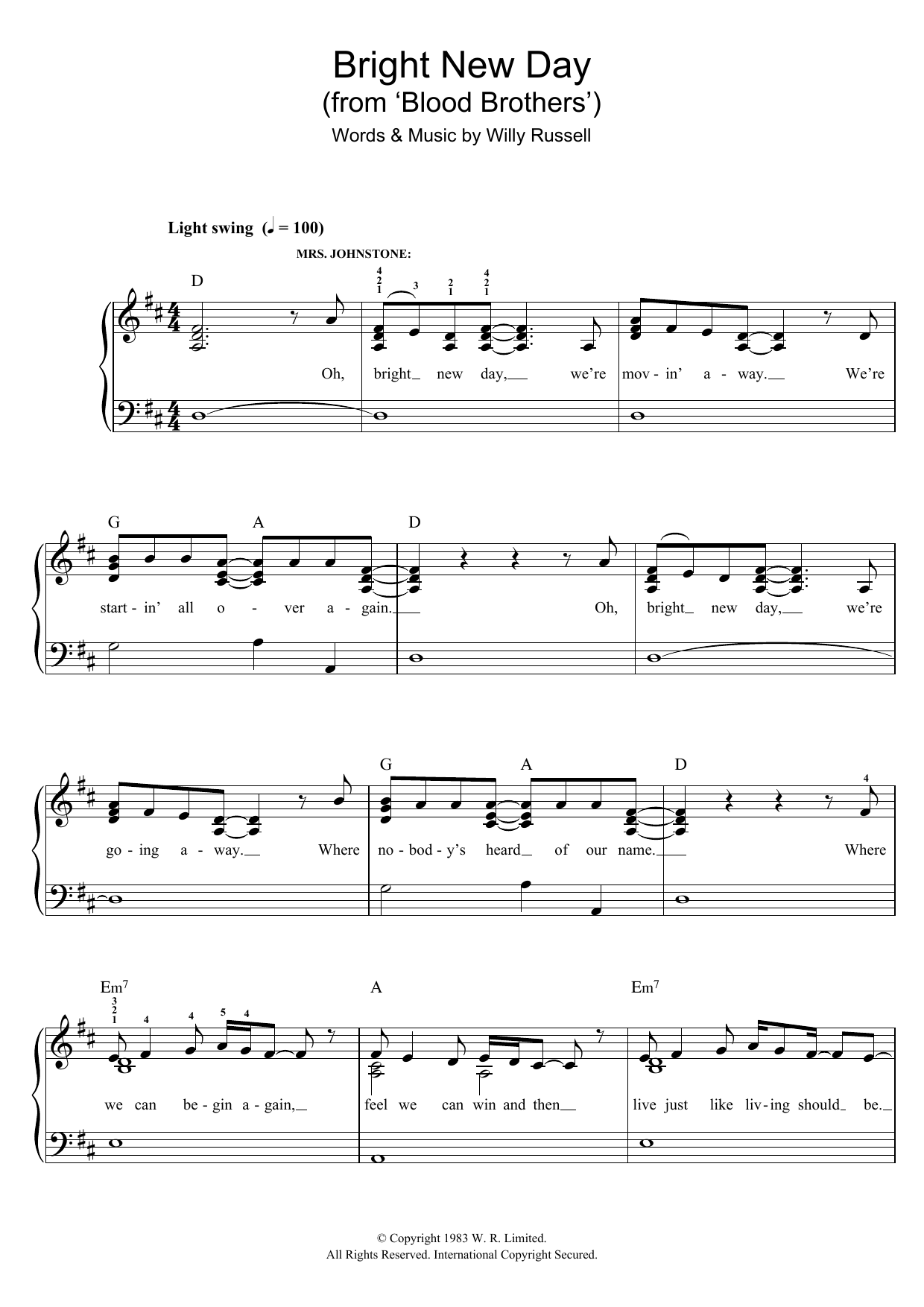 Willy Russell Bright New Day (from Blood Brothers) Sheet Music Notes & Chords for Easy Piano - Download or Print PDF