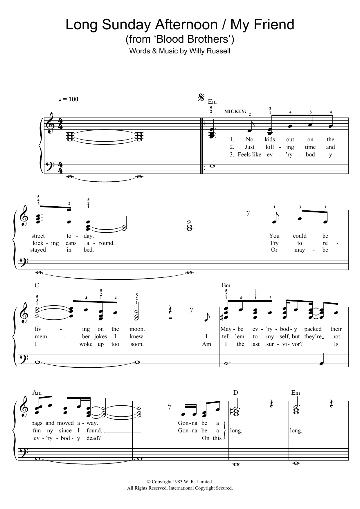 Willy Russell Long Sunday Afternoon/My Friend (from Blood Brothers) Sheet Music Notes & Chords for Easy Piano - Download or Print PDF