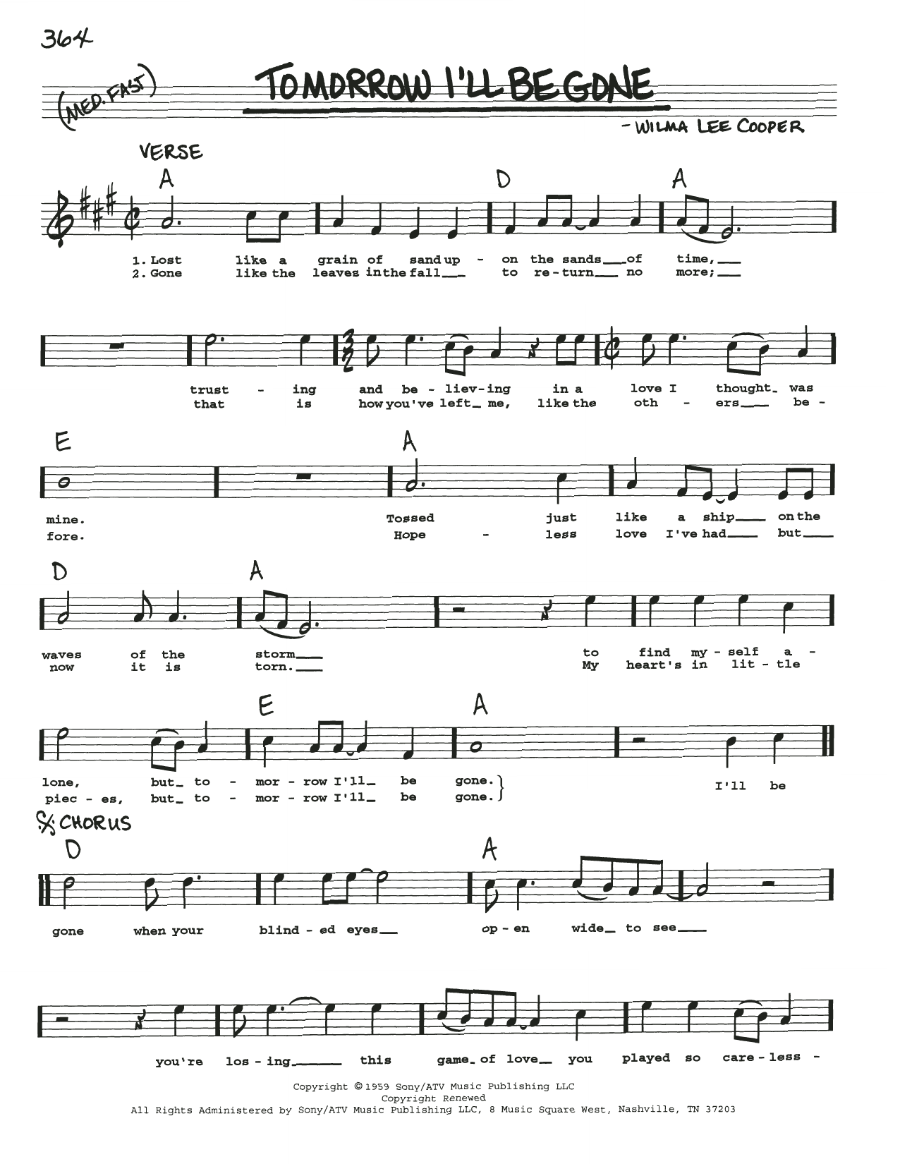 Wilma Lee Cooper Tomorrow I'll Be Gone Sheet Music Notes & Chords for Real Book – Melody, Lyrics & Chords - Download or Print PDF