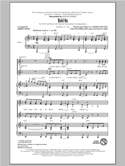 Wilson Phillips Hold On (arr. Kirby Shaw) Sheet Music Notes & Chords for SSA - Download or Print PDF