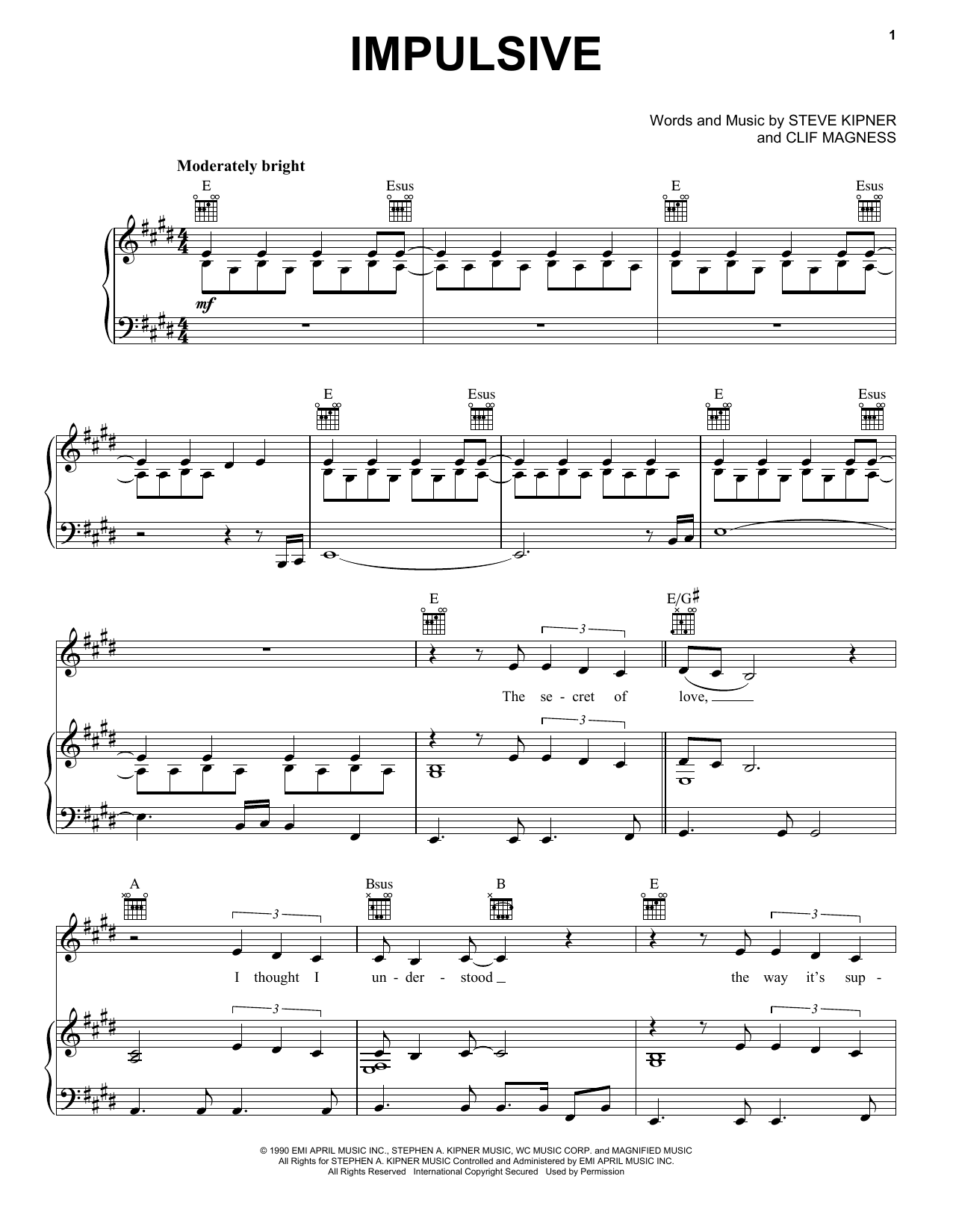 Wilson Phillips Impulsive Sheet Music Notes & Chords for Piano, Vocal & Guitar Chords (Right-Hand Melody) - Download or Print PDF
