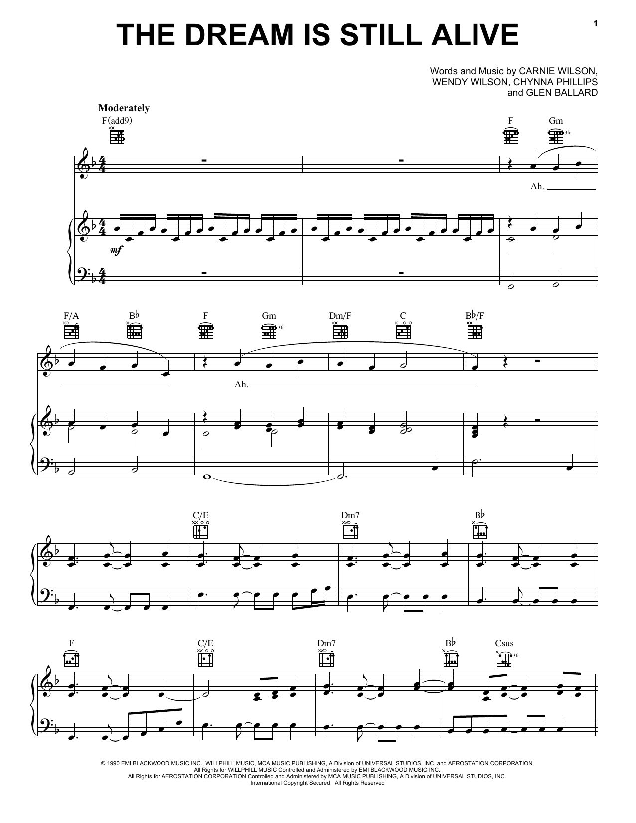 Wilson Phillips The Dream Is Still Alive Sheet Music Notes & Chords for Piano, Vocal & Guitar Chords (Right-Hand Melody) - Download or Print PDF