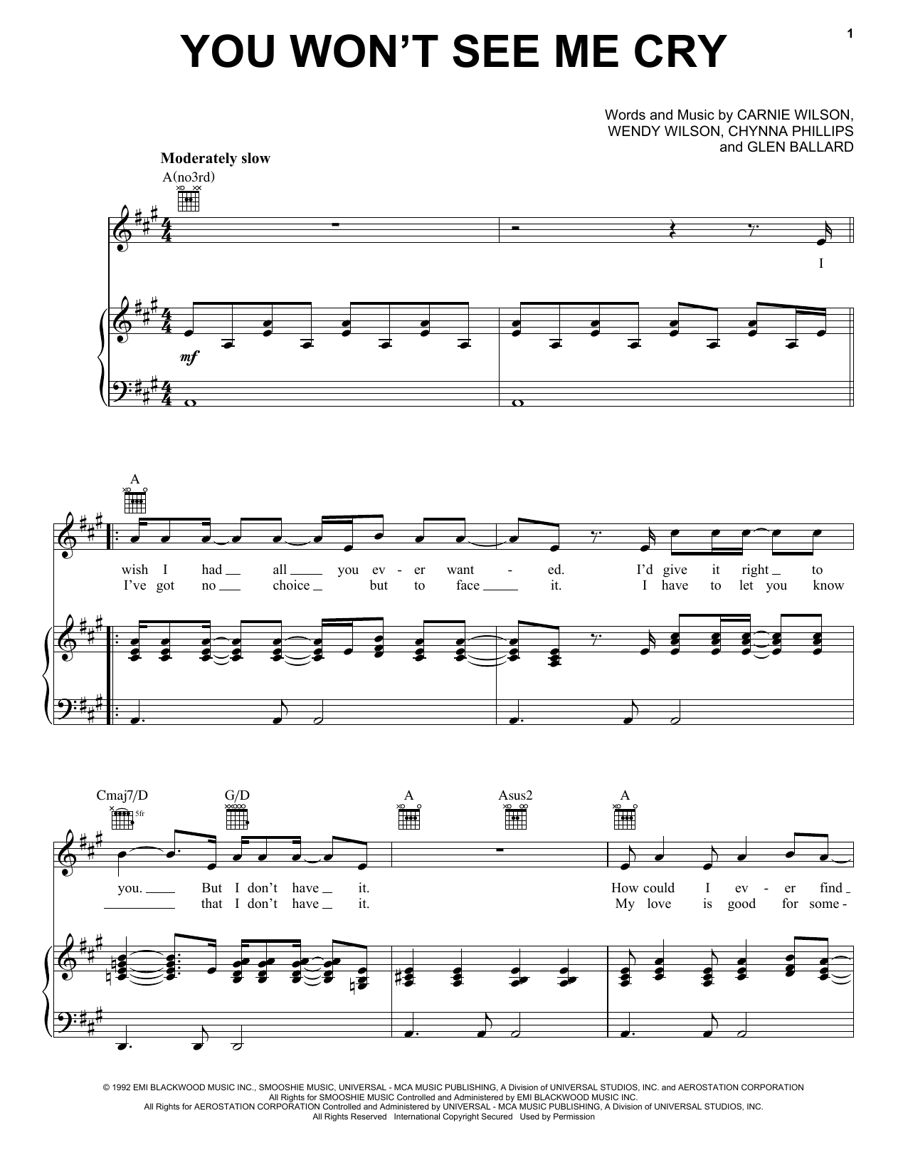 Wilson Phillips You Won't See Me Cry Sheet Music Notes & Chords for Piano, Vocal & Guitar Chords (Right-Hand Melody) - Download or Print PDF