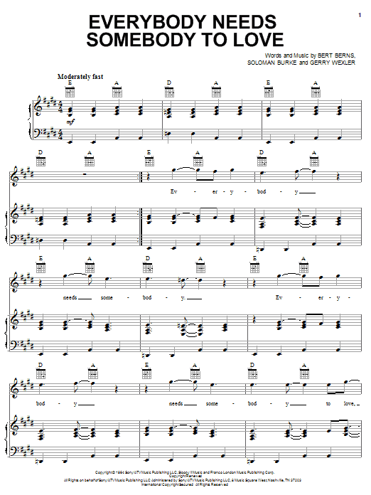 Wilson Pickett Everybody Needs Somebody To Love Sheet Music Notes & Chords for Piano, Vocal & Guitar (Right-Hand Melody) - Download or Print PDF