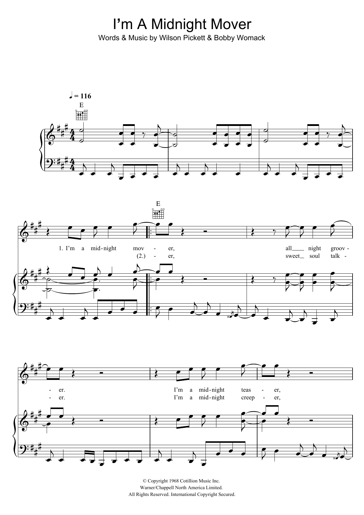 Wilson Pickett I'm A Midnight Mover Sheet Music Notes & Chords for Piano, Vocal & Guitar (Right-Hand Melody) - Download or Print PDF