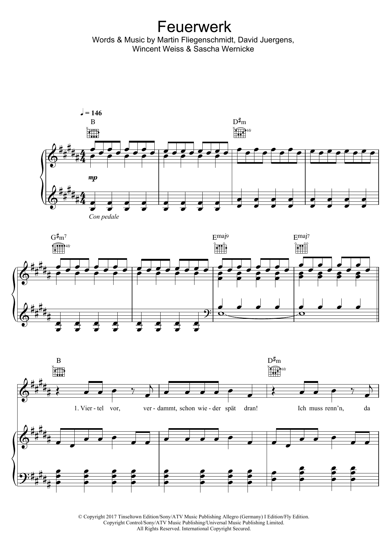 Wincent Weiss Feuerwerk Sheet Music Notes & Chords for Piano, Vocal & Guitar (Right-Hand Melody) - Download or Print PDF