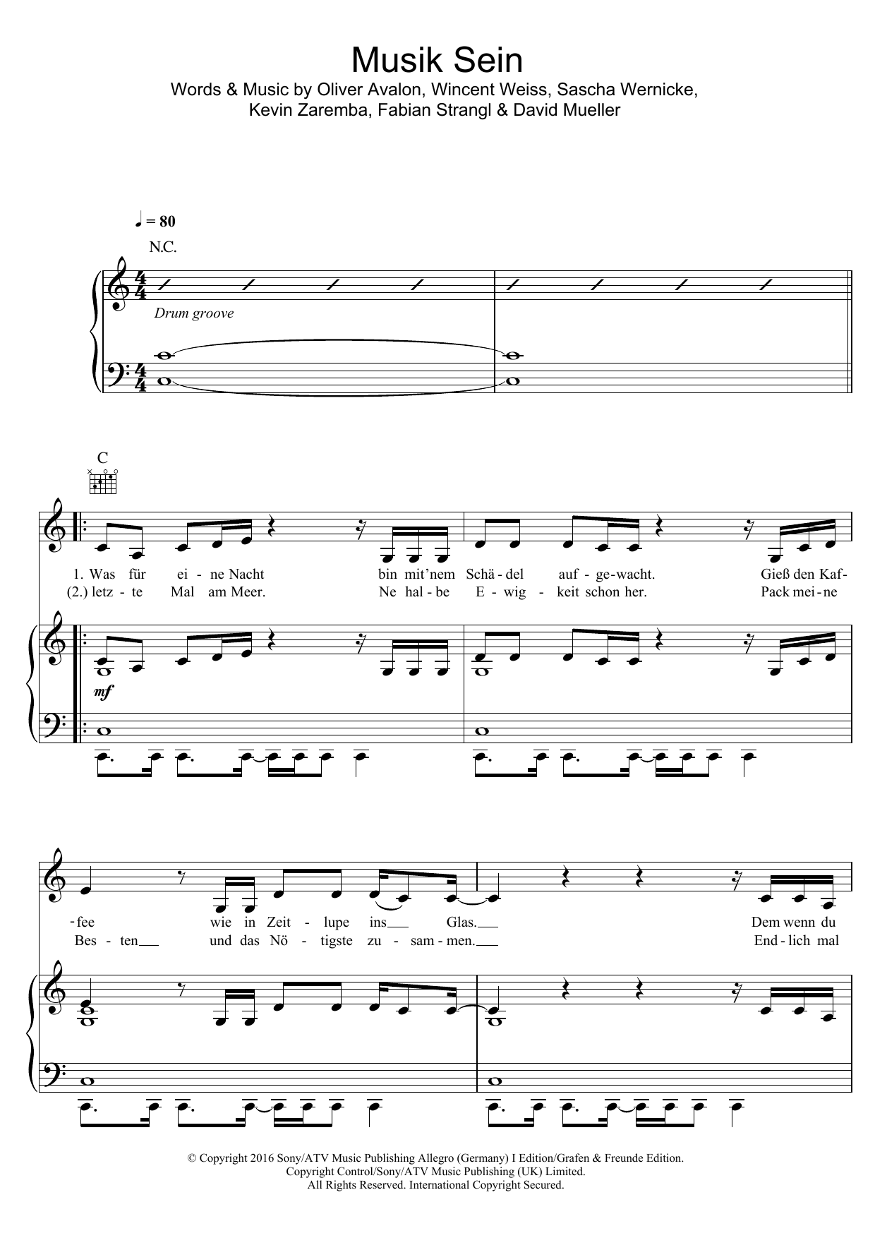 Wincent Weiss Musik Sein Sheet Music Notes & Chords for Piano, Vocal & Guitar (Right-Hand Melody) - Download or Print PDF
