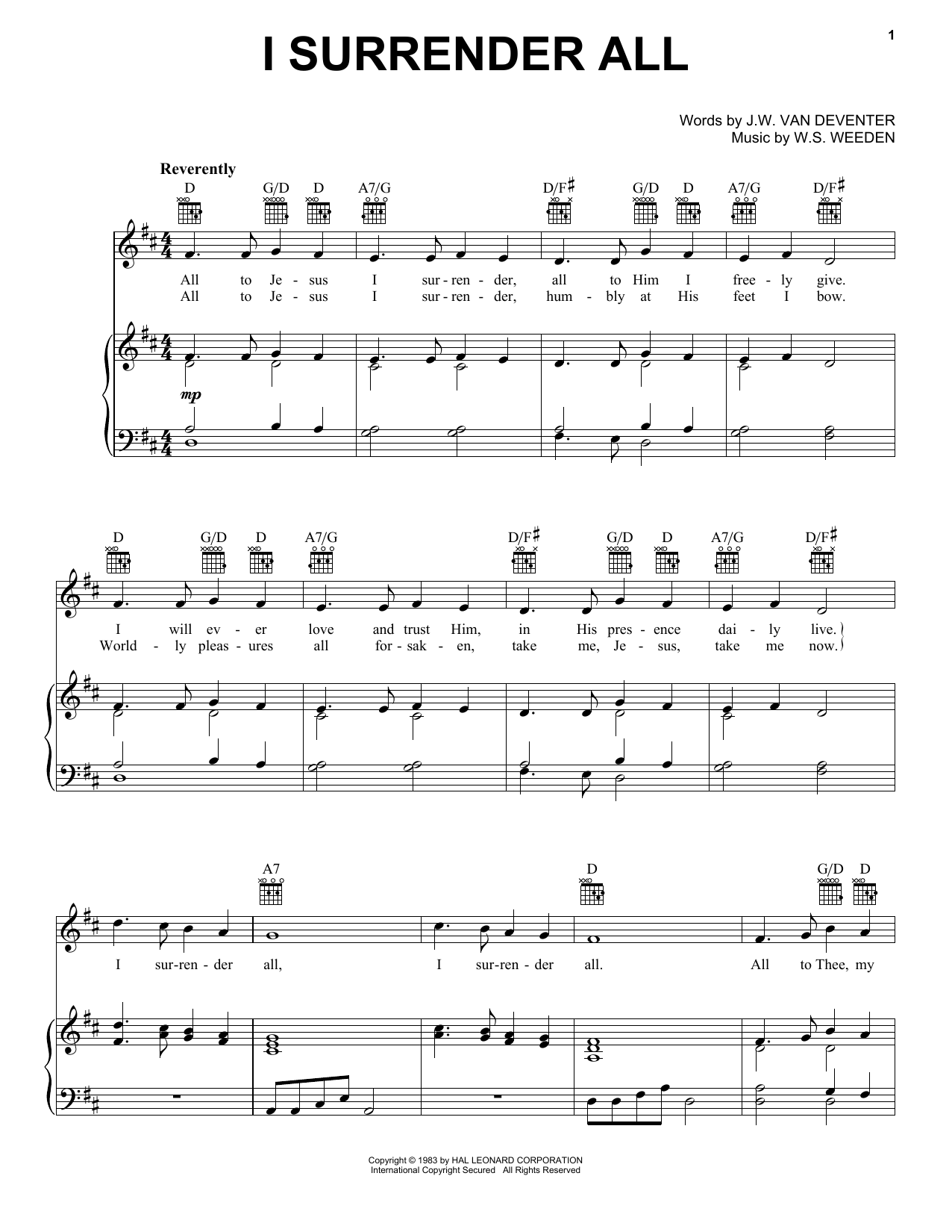 Winfield S. Weeden I Surrender All Sheet Music Notes & Chords for Piano, Vocal & Guitar Chords (Right-Hand Melody) - Download or Print PDF