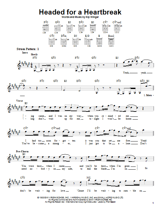 Winger Headed For A Heartbreak Sheet Music Notes & Chords for Lyrics & Chords - Download or Print PDF