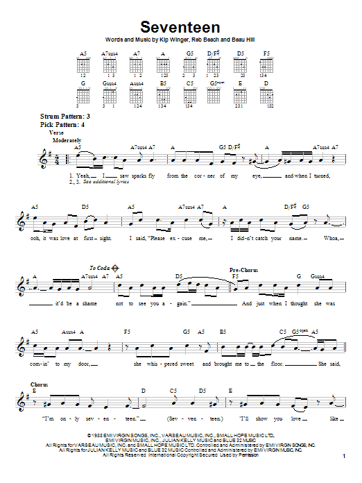 Winger Seventeen Sheet Music Notes & Chords for Easy Guitar - Download or Print PDF