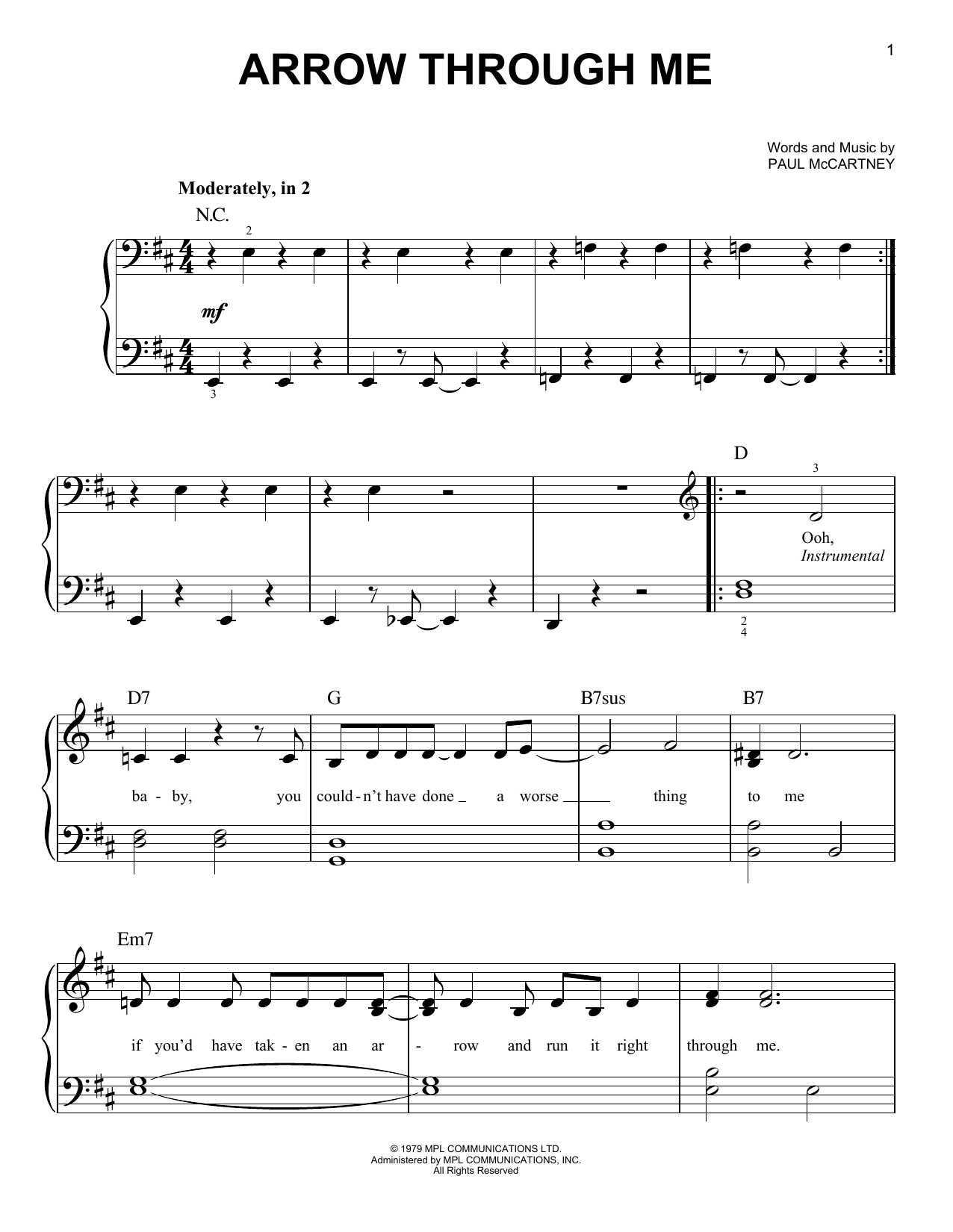 Wings Arrow Through Me Sheet Music Notes & Chords for Easy Piano - Download or Print PDF