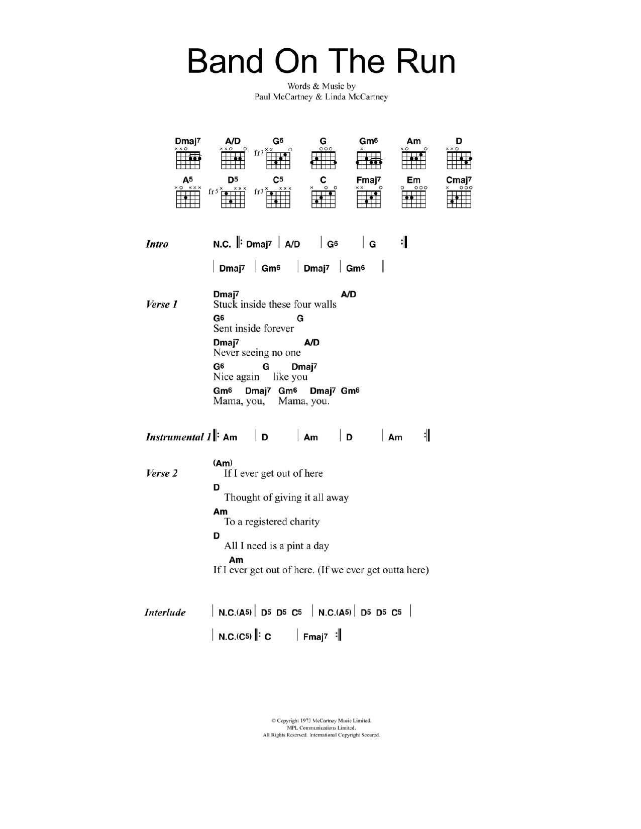 Paul McCartney & Wings Band On The Run Sheet Music Notes & Chords for Lyrics & Chords - Download or Print PDF