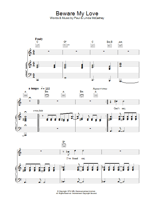 Wings Beware My Love Sheet Music Notes & Chords for Piano, Vocal & Guitar - Download or Print PDF