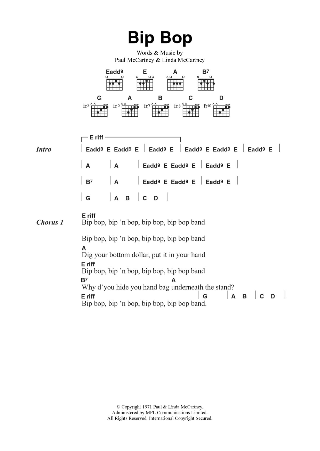 Wings Bip Bop/Hey Diddle Sheet Music Notes & Chords for Guitar Chords/Lyrics - Download or Print PDF