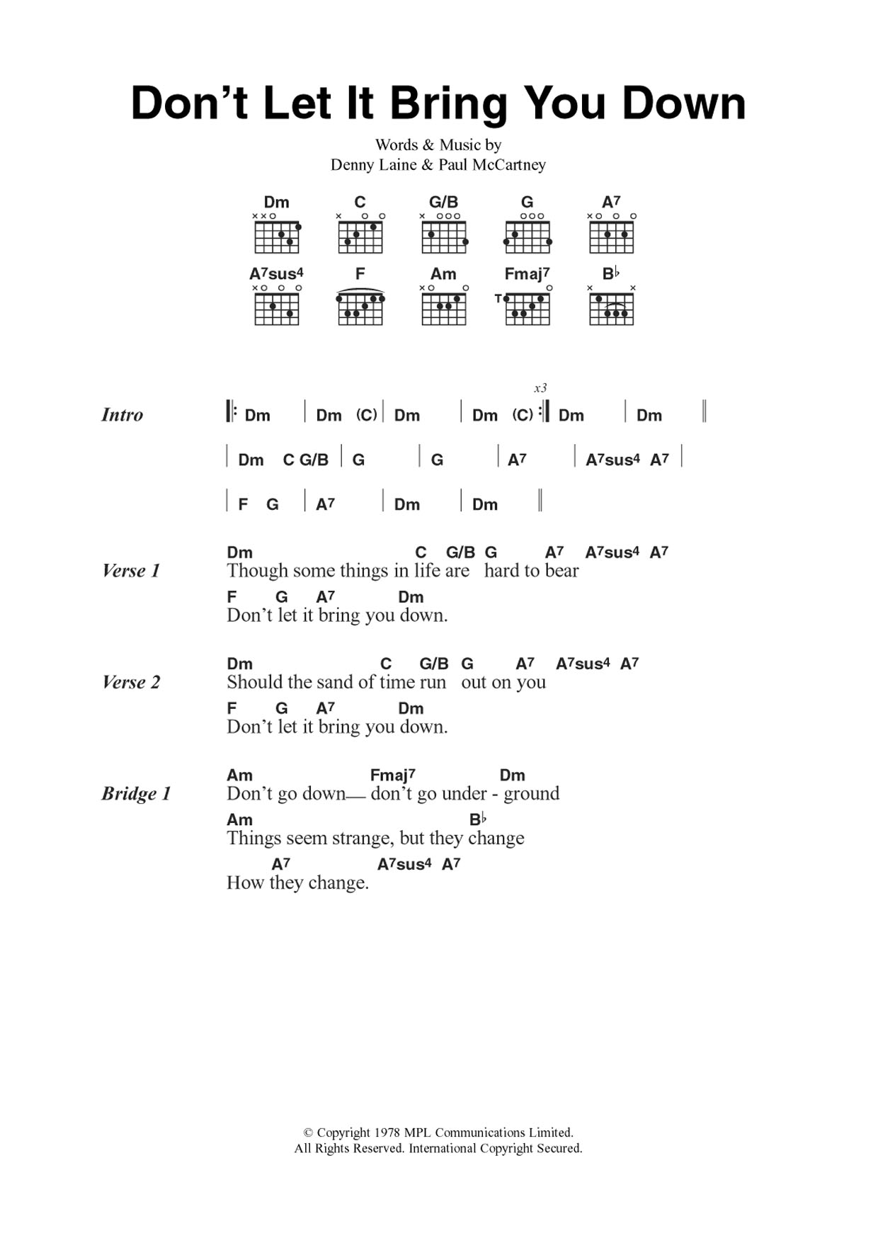 Wings Don't Let It Bring You Down Sheet Music Notes & Chords for Guitar Chords/Lyrics - Download or Print PDF