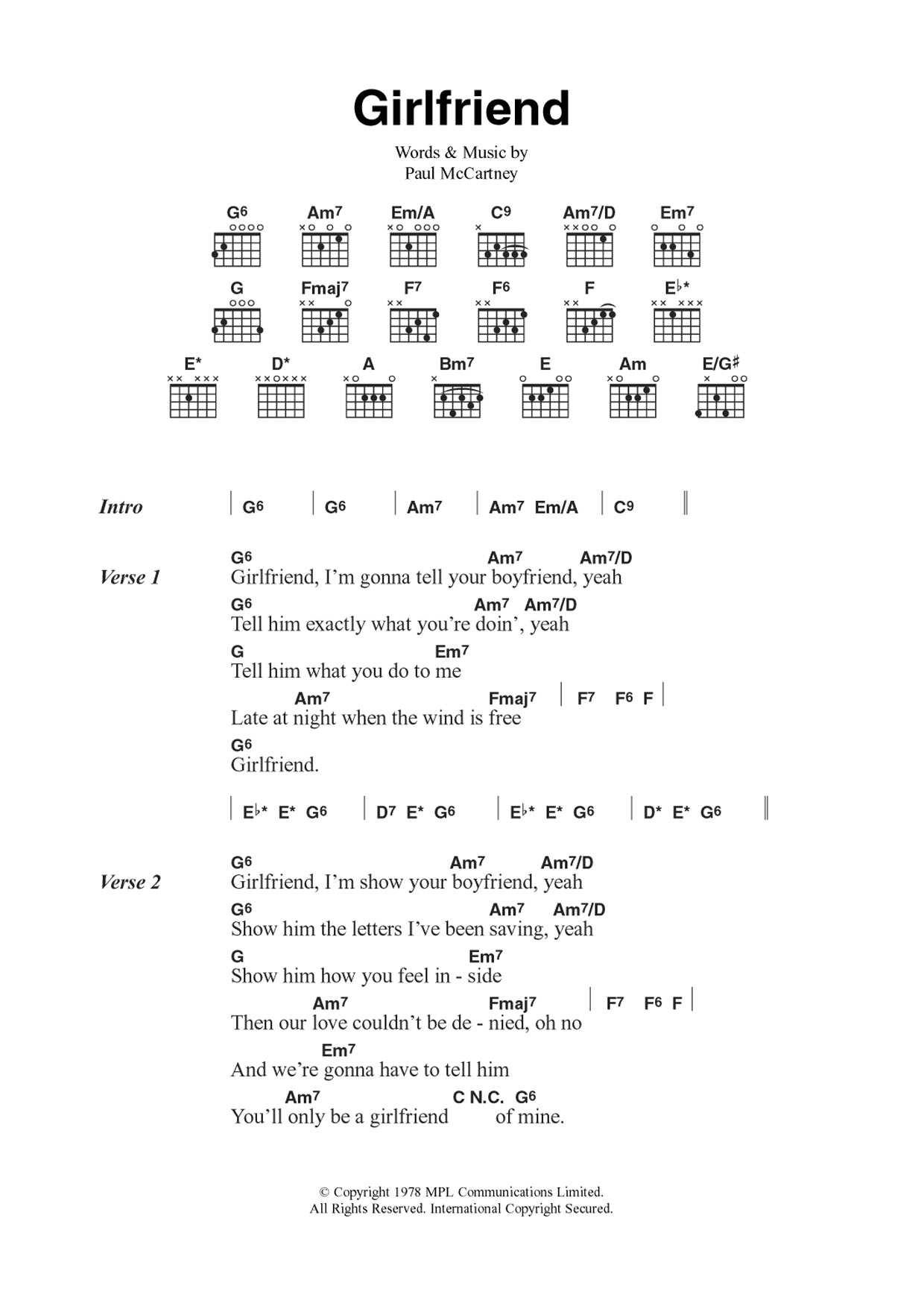 Wings Girlfriend Sheet Music Notes & Chords for Guitar Chords/Lyrics - Download or Print PDF