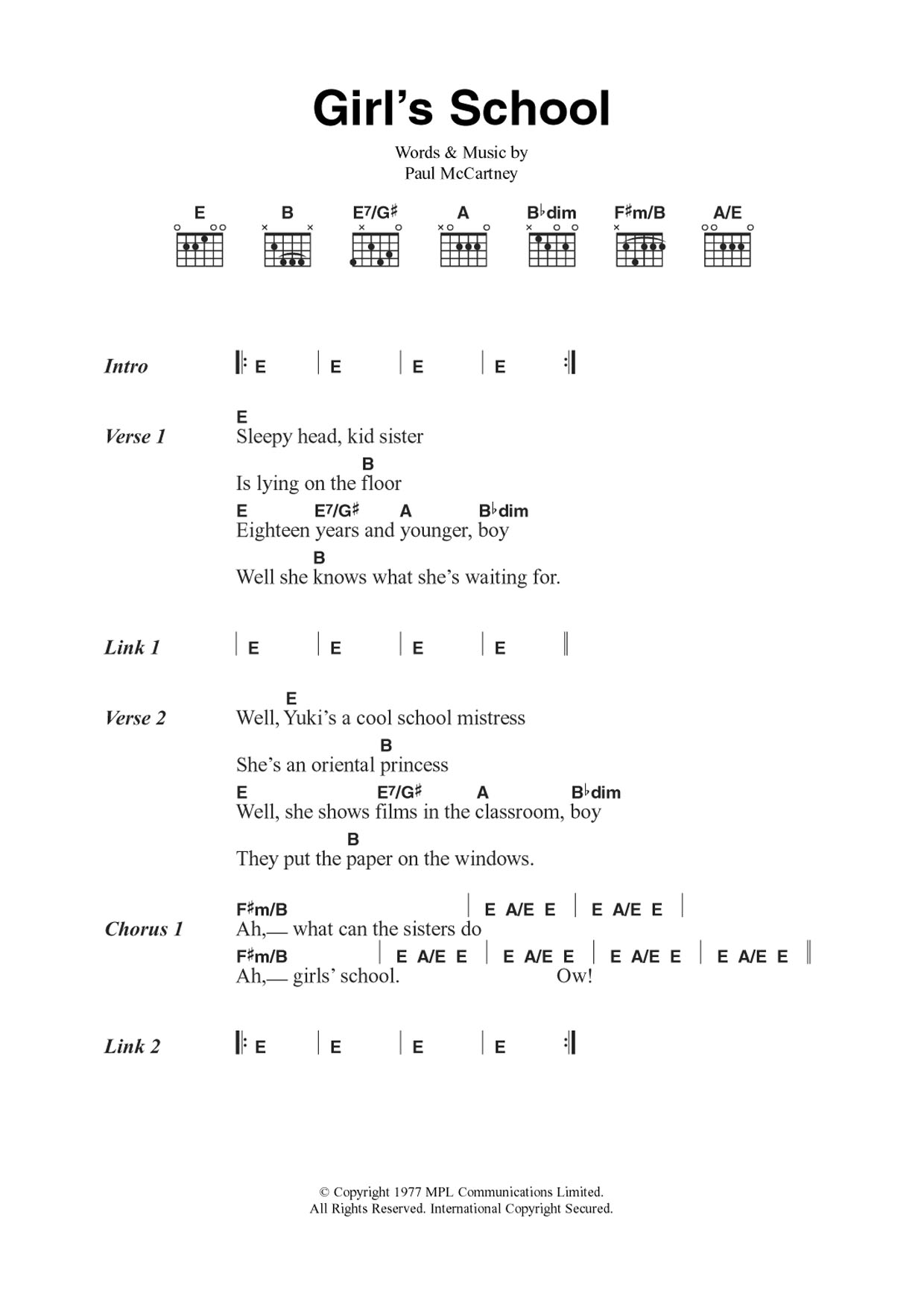 Wings Girls' School Sheet Music Notes & Chords for Guitar Chords/Lyrics - Download or Print PDF