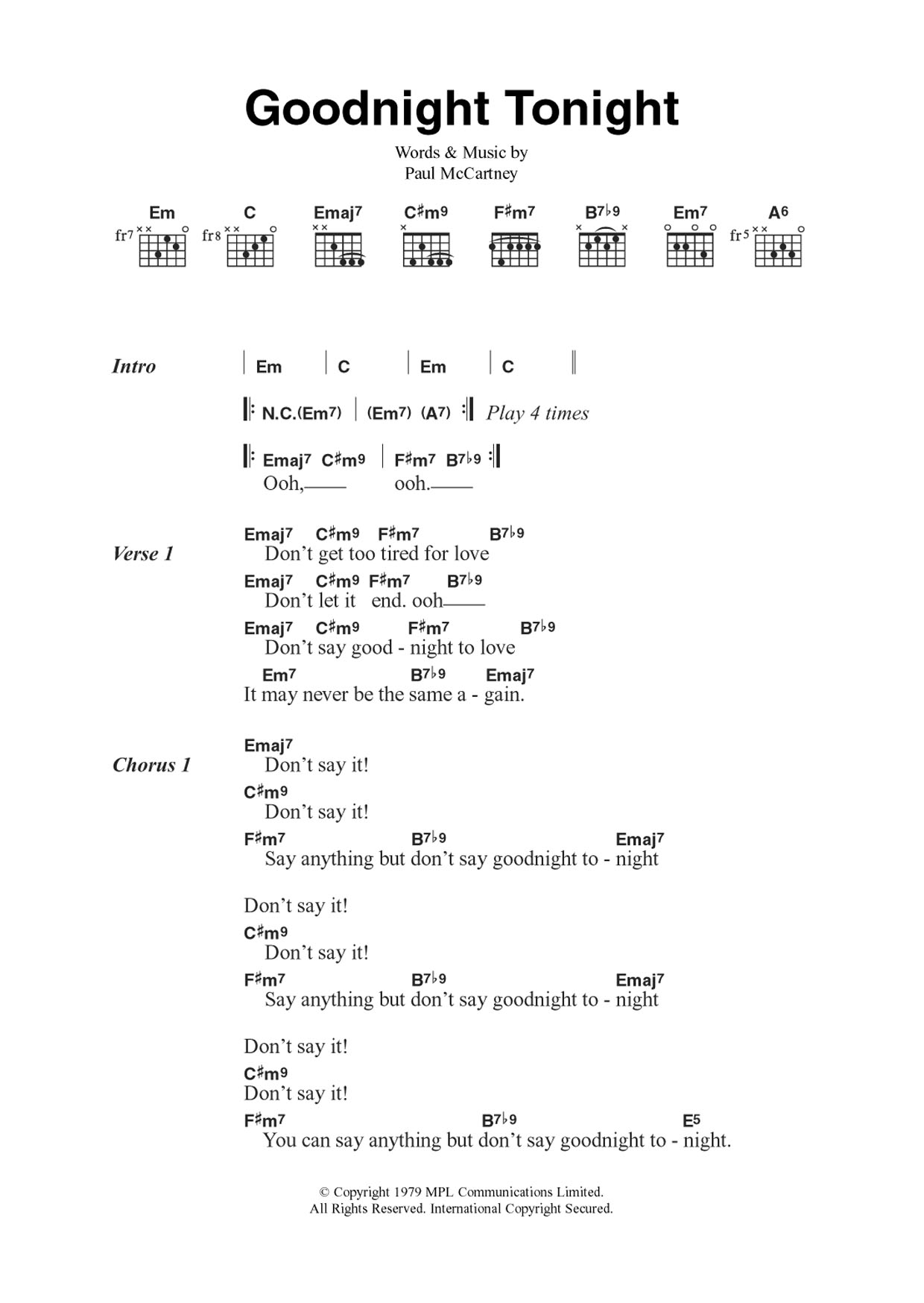 Wings Goodnight Tonight Sheet Music Notes & Chords for Guitar Chords/Lyrics - Download or Print PDF