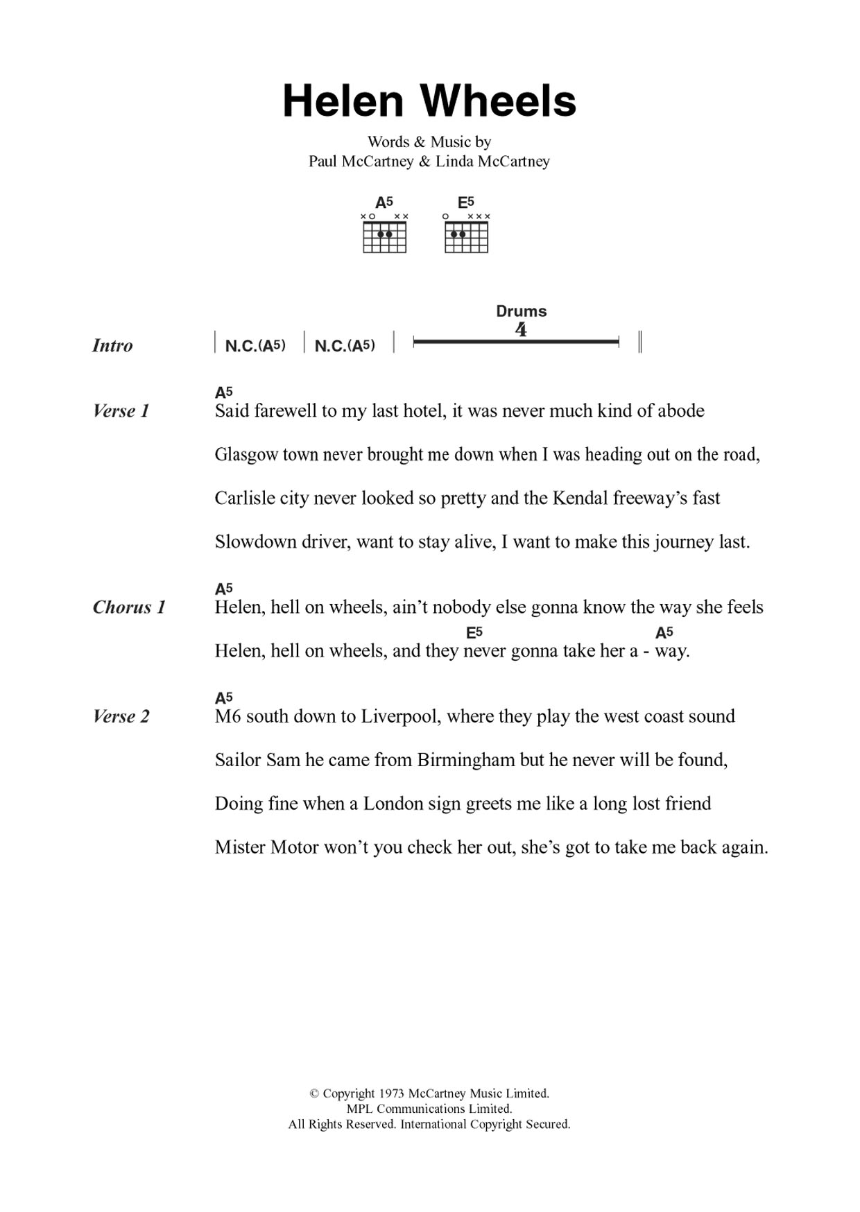 Wings Helen Wheels Sheet Music Notes & Chords for Guitar Chords/Lyrics - Download or Print PDF